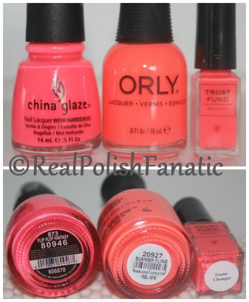 Comparison: Orly Summer Fling, China Glaze original Flip Flop Fantasy and Trust Fund Beauty Game Changer