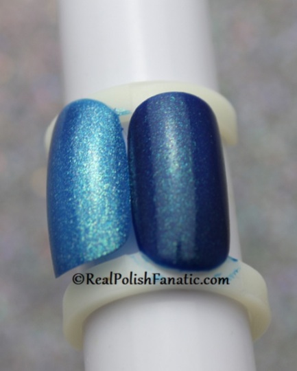 Comparison of OPI Nessie Plays Hide and Sea-k (darker color) and OPI The Sky's My Limit